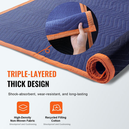 Moving Blankets, 2032 x 1829 mm, 29.5 kg/dz, 12 Packs, Professional Non-Woven & Recycled Cotton Packing Blanket, Heavy Duty Mover Pads for Protecting Furniture, Floors, Appliances, Blue/Orange.