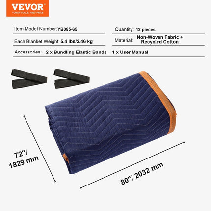 Moving Blankets, 2032 x 1829 mm, 29.5 kg/dz, 12 Packs, Professional Non-Woven & Recycled Cotton Packing Blanket, Heavy Duty Mover Pads for Protecting Furniture, Floors, Appliances, Blue/Orange.