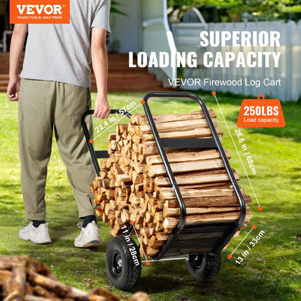 Firewood Log Cart Wood Mover Hauler 250 lbs Capacity on PU Wheels Dolly.