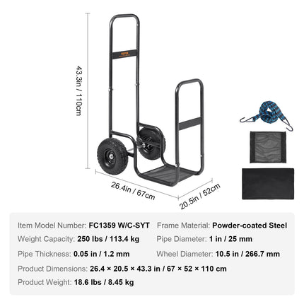Firewood Log Cart Wood Mover Hauler 250 lbs Capacity on PU Wheels Dolly.