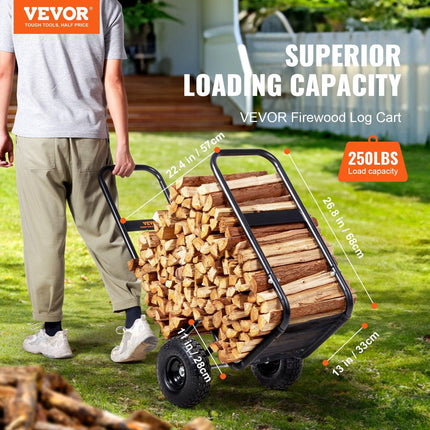 Firewood Log Cart, 113 kg Load Capacity, Outdoor and Indoor Wood Rack Storage Mover with Pneumatic Rubber Wheels, Heavy Duty Steel Dolly Hauler, Firewood Carrier for Fireplace, Fire Pit, Black.