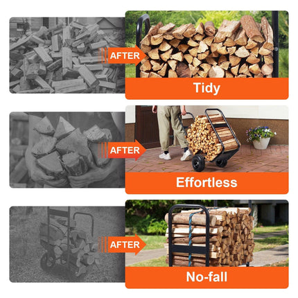 Firewood Log Cart, 113 kg Load Capacity, Outdoor and Indoor Wood Rack Storage Mover with Pneumatic Rubber Wheels, Heavy Duty Steel Dolly Hauler, Firewood Carrier for Fireplace, Fire Pit, Black.