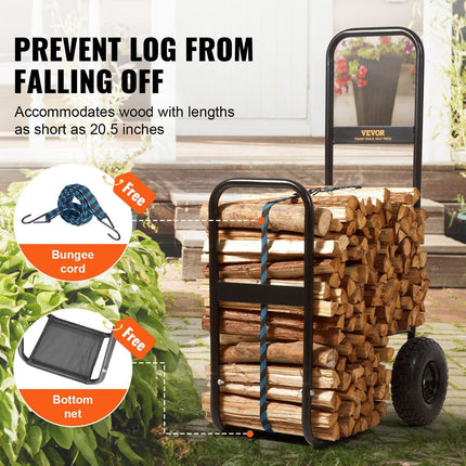 Firewood Log Cart, 113 kg Load Capacity, Outdoor and Indoor Wood Rack Storage Mover with Pneumatic Rubber Wheels, Heavy Duty Steel Dolly Hauler, Firewood Carrier for Fireplace, Fire Pit, Black.