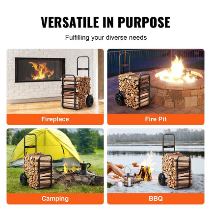 Firewood Log Cart, 113 kg Load Capacity, Outdoor and Indoor Wood Rack Storage Mover with Pneumatic Rubber Wheels, Heavy Duty Steel Dolly Hauler, Firewood Carrier for Fireplace, Fire Pit, Black.