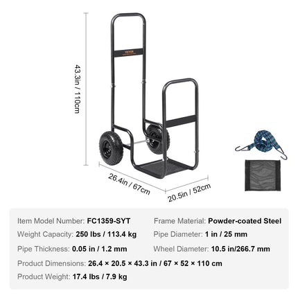Firewood Log Cart, 113 kg Load Capacity, Outdoor and Indoor Wood Rack Storage Mover with Pneumatic Rubber Wheels, Heavy Duty Steel Dolly Hauler, Firewood Carrier for Fireplace, Fire Pit, Black.