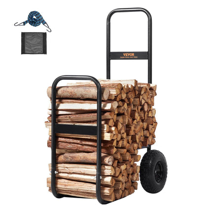 Firewood Log Cart, 113 kg Load Capacity, Outdoor and Indoor Wood Rack Storage Mover with Pneumatic Rubber Wheels, Heavy Duty Steel Dolly Hauler, Firewood Carrier for Fireplace, Fire Pit, Black.