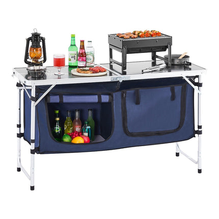 Camping Kitchen Table, Folding Outdoor Cooking Table, 3 Adjustable Height, Aluminum Lightweight Portable Cook Station with Storage Organizer, Carry Handle, for BBQ Party Picnic RV Travel, Blue.
