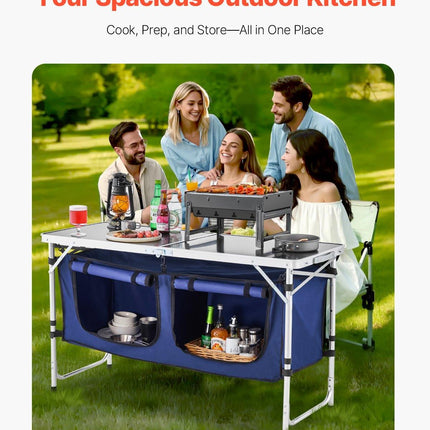 Camping Kitchen Table, Folding Outdoor Cooking Table, 3 Adjustable Height, Aluminum Lightweight Portable Cook Station with Storage Organizer, Carry Handle, for BBQ Party Picnic RV Travel, Blue.