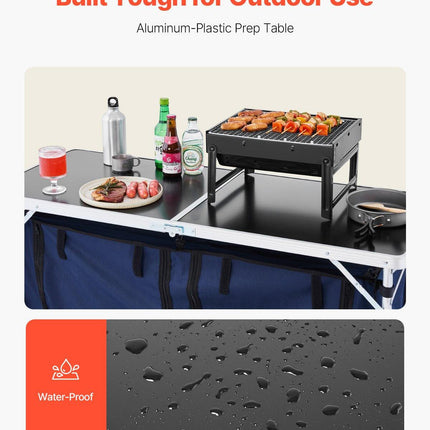 Camping Kitchen Table, Folding Outdoor Cooking Table, 3 Adjustable Height, Aluminum Lightweight Portable Cook Station with Storage Organizer, Carry Handle, for BBQ Party Picnic RV Travel, Blue.