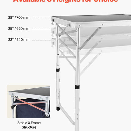 Camping Kitchen Table, Folding Outdoor Cooking Table, 3 Adjustable Height, Aluminum Lightweight Portable Cook Station with Storage Organizer, Carry Handle, for BBQ Party Picnic RV Travel, Blue.