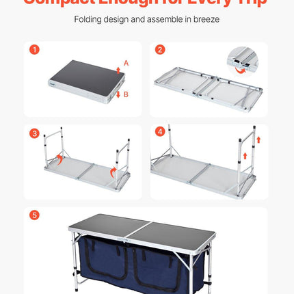 Camping Kitchen Table, Folding Outdoor Cooking Table, 3 Adjustable Height, Aluminum Lightweight Portable Cook Station with Storage Organizer, Carry Handle, for BBQ Party Picnic RV Travel, Blue.