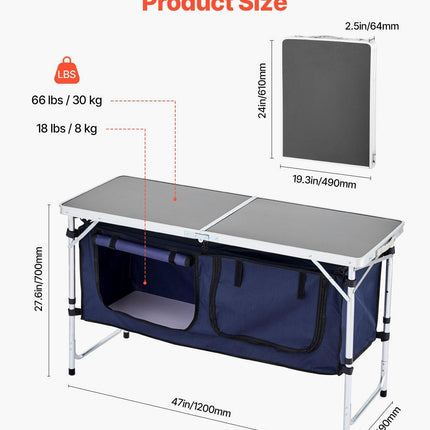 Camping Kitchen Table, Folding Outdoor Cooking Table, 3 Adjustable Height, Aluminum Lightweight Portable Cook Station with Storage Organizer, Carry Handle, for BBQ Party Picnic RV Travel, Blue.