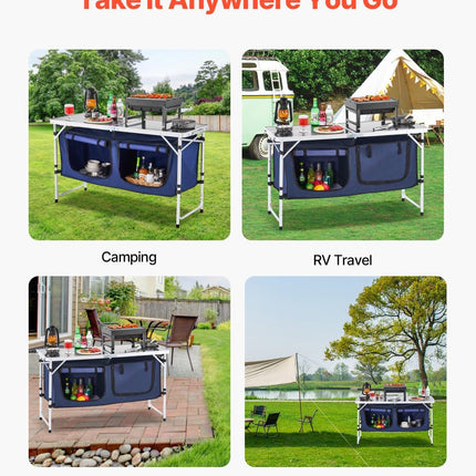 Camping Kitchen Table, Folding Outdoor Cooking Table, 3 Adjustable Height, Aluminum Lightweight Portable Cook Station with Storage Organizer, Carry Handle, for BBQ Party Picnic RV Travel, Blue.
