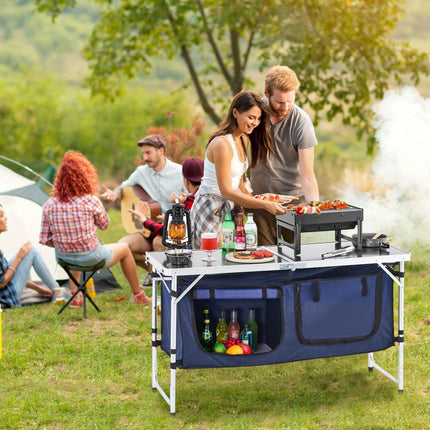 Camping Kitchen Table, Folding Outdoor Cooking Table, 3 Adjustable Height, Aluminum Lightweight Portable Cook Station with Storage Organizer, Carry Handle, for BBQ Party Picnic RV Travel, Blue.