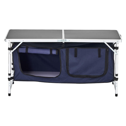 Camping Kitchen Table, Folding Outdoor Cooking Table, 3 Adjustable Height, Aluminum Lightweight Portable Cook Station with Storage Organizer, Carry Handle, for BBQ Party Picnic RV Travel, Blue.