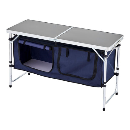 Camping Kitchen Table, Folding Outdoor Cooking Table, 3 Adjustable Height, Aluminum Lightweight Portable Cook Station with Storage Organizer, Carry Handle, for BBQ Party Picnic RV Travel, Blue.