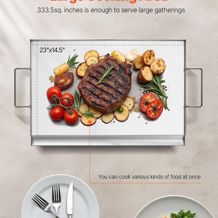 Stainless Steel Griddle, 23x16 inch Universal Flat Top Rectangular Plate, Gas Grill Griddle for BBQ Grill, Teppanyaki, Portable Family Cookware with Handle, for Camping Tailgating Party.