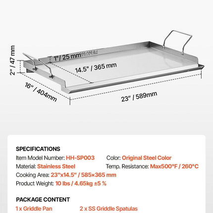Stainless Steel Griddle, 23x16 inch Universal Flat Top Rectangular Plate, Gas Grill Griddle for BBQ Grill, Teppanyaki, Portable Family Cookware with Handle, for Camping Tailgating Party.