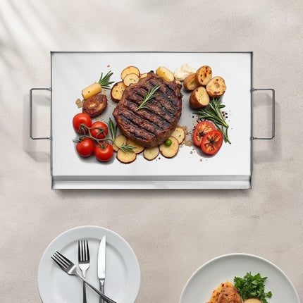 Stainless Steel Griddle, 23x16 inch Universal Flat Top Rectangular Plate, Gas Grill Griddle for BBQ Grill, Teppanyaki, Portable Family Cookware with Handle, for Camping Tailgating Party.