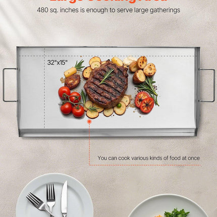 Stainless Steel Griddle, 32x16 inch Universal Flat Top Rectangular Plate, Gas Grill Griddle for BBQ Grill, Teppanyaki, Portable Family Cookware with Handle, for Camping Tailgating Party.