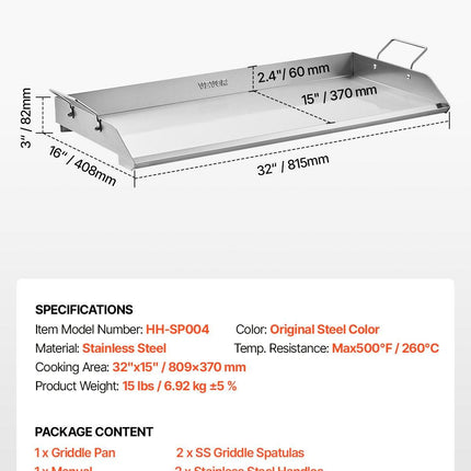 Stainless Steel Griddle, 32x16 inch Universal Flat Top Rectangular Plate, Gas Grill Griddle for BBQ Grill, Teppanyaki, Portable Family Cookware with Handle, for Camping Tailgating Party.