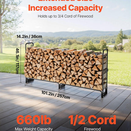 Firewood Rack with Waterproof Cover, 257 x 36 x 117 cm Outdoor Firewood Holder, 660lb Weight Capacity, 1/2 Cord Log Holder, Half-Covered, Powder-coated Wood Storage Rack for Fireplace Deck.