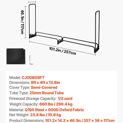 Firewood Rack with Waterproof Cover, 257 x 36 x 117 cm Outdoor Firewood Holder, 660lb Weight Capacity, 1/2 Cord Log Holder, Half-Covered, Powder-coated Wood Storage Rack for Fireplace Deck.