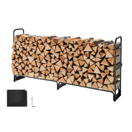 Firewood Rack with Waterproof Cover, 257 x 36 x 117 cm Outdoor Firewood Holder, 660lb Weight Capacity, 1/2 Cord Log Holder, Half-Covered, Powder-coated Wood Storage Rack for Fireplace Deck.