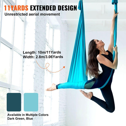 Aerial Silk & Yoga Swing, 10 m Length, Aerial Yoga Hammock Kit with 100gsm Nylon Fabric, Full Rigging Hardware & Easy Set-up Guide, Antigravity Flying for All Levels Fitness Bodybuilding, Blue.