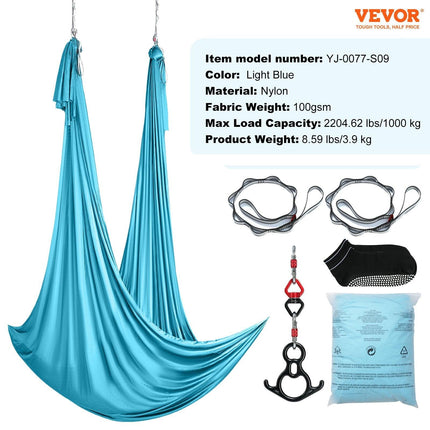 Aerial Silk & Yoga Swing, 10 m Length, Aerial Yoga Hammock Kit with 100gsm Nylon Fabric, Full Rigging Hardware & Easy Set-up Guide, Antigravity Flying for All Levels Fitness Bodybuilding, Blue.