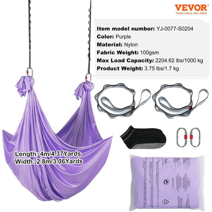 Aerial Yoga Hammock & Swing, 4 m Length, Yoga Starter Kit with 100gsm Nylon Fabric, Full Rigging Hardware and Easy Set-up Guide, Antigravity Flying for All Levels Fitness Bodybuilding, Purple.