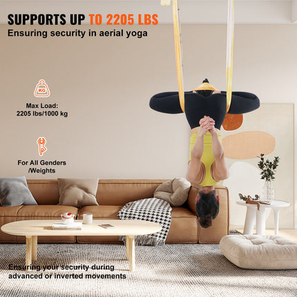 Aerial Yoga Hammock & Swing, 5 m Length, Aerial Yoga Starter Kit with 100gsm Nylon Fabric, Full Rigging Hardware & Easy Set-up Guide, Antigravity Flying for All Levels Fitness Bodybuilding, Gold.