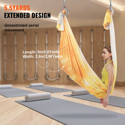 Aerial Yoga Hammock & Swing, 5 m Length, Aerial Yoga Starter Kit with 100gsm Nylon Fabric, Full Rigging Hardware & Easy Set-up Guide, Antigravity Flying for All Levels Fitness Bodybuilding, Gold.