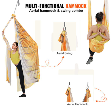 Aerial Yoga Hammock & Swing, 5 m Length, Aerial Yoga Starter Kit with 100gsm Nylon Fabric, Full Rigging Hardware & Easy Set-up Guide, Antigravity Flying for All Levels Fitness Bodybuilding, Gold.