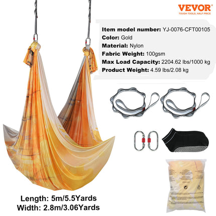 Aerial Yoga Hammock & Swing, 5 m Length, Aerial Yoga Starter Kit with 100gsm Nylon Fabric, Full Rigging Hardware & Easy Set-up Guide, Antigravity Flying for All Levels Fitness Bodybuilding, Gold.