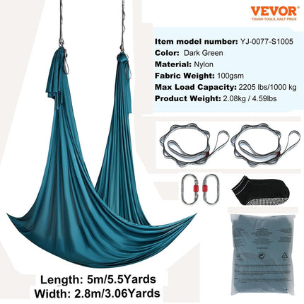 Aerial Yoga Hammock & Swing, 5 m Length Aerial Yoga Starter Kit with 100gsm Nylon Fabric, Full Rigging Hardware & Easy Set-up Guide, Antigravity Flying for All Levels Fitness Bodybuilding, Green.