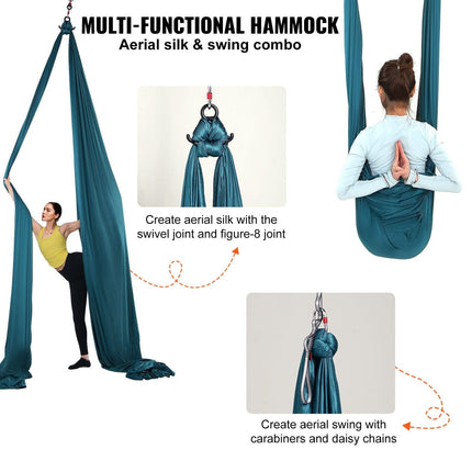 Aerial Silk & Yoga Swing, 8 m Length, Aerial Yoga Hammock Kit with 100gsm Nylon Fabric, Full Rigging Hardware & Easy Set-up Guide, Antigravity Flying for All Levels Fitness Bodybuilding, Green.