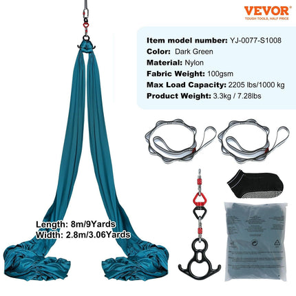 Aerial Silk & Yoga Swing, 8 m Length, Aerial Yoga Hammock Kit with 100gsm Nylon Fabric, Full Rigging Hardware & Easy Set-up Guide, Antigravity Flying for All Levels Fitness Bodybuilding, Green.