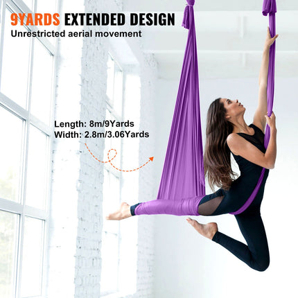 Aerial Silk & Yoga Swing, 8 m Length, Aerial Yoga Hammock Kit with 100gsm Nylon Fabric, Full Rigging Hardware & Easy Set-up Guide, Antigravity Flying for All Levels Fitness Bodybuilding, Purple.