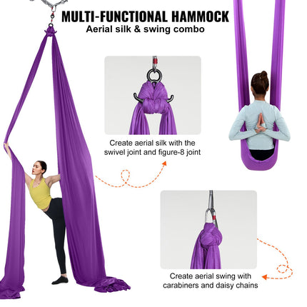 Aerial Silk & Yoga Swing, 8 m Length, Aerial Yoga Hammock Kit with 100gsm Nylon Fabric, Full Rigging Hardware & Easy Set-up Guide, Antigravity Flying for All Levels Fitness Bodybuilding, Purple.