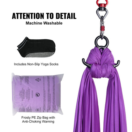 Aerial Silk & Yoga Swing, 8 m Length, Aerial Yoga Hammock Kit with 100gsm Nylon Fabric, Full Rigging Hardware & Easy Set-up Guide, Antigravity Flying for All Levels Fitness Bodybuilding, Purple.