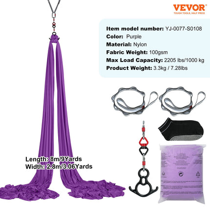 Aerial Silk & Yoga Swing, 8 m Length, Aerial Yoga Hammock Kit with 100gsm Nylon Fabric, Full Rigging Hardware & Easy Set-up Guide, Antigravity Flying for All Levels Fitness Bodybuilding, Purple.