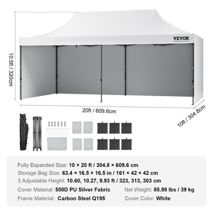 Pop Up Canopy Tent Outdoor Gazebo Tent 10x20FT with Sidewalls & Bag White.