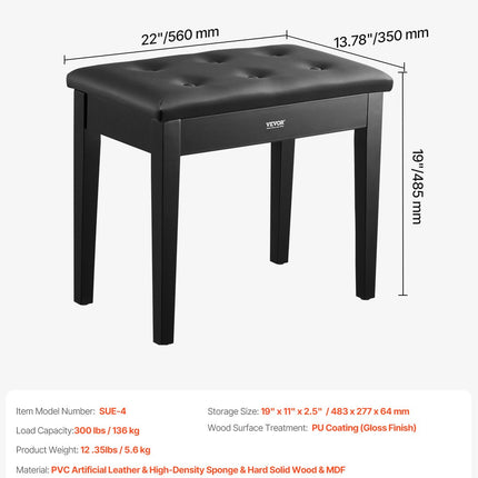 Piano Bench, 22" x 13.78" x 19", Keyboard Piano Chair with High-Density Padded Cushion, Storage Compartment for Music Books, Wooden Piano Bookcase Stool Seat, for Vanity, Living Room, Bedroom.