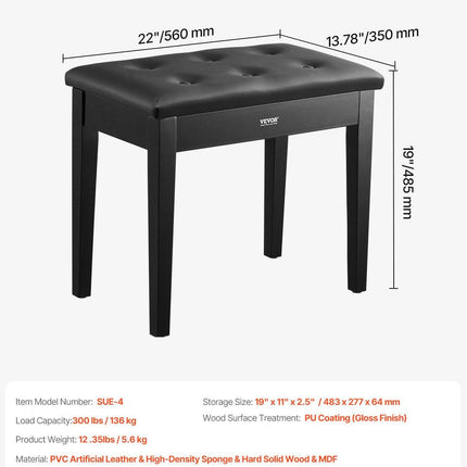 Piano Bench, 22" x 13.78" x 19", Keyboard Piano Chair with High-Density Padded Cushion, Storage Compartment for Music Books, Wooden Piano Bookcase Stool Seat, for Vanity, Living Room, Bedroom.