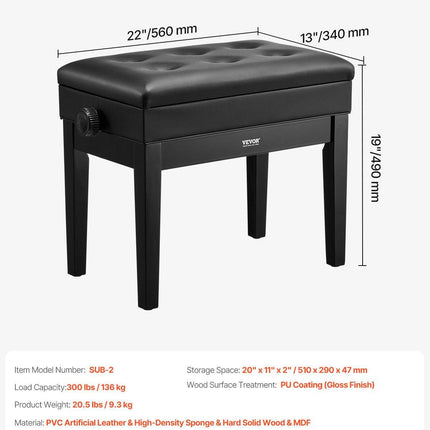 Piano Bench, Keyboard Piano Chair with 19.3"-22.8" Adjustable Height, Padded Cushion, Storage Compartment for Music Books, Heavy Duty Wooden Piano Stool Seat, for Vanity, Living Room, Bedroom.