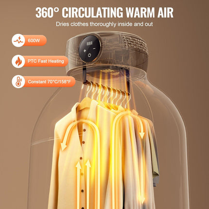 Portable Clothes Dryer, Clothes Dryer with Dryer Bag, PTC Heating & LED Display, Foldable Mini Dryer with 5-H Timer for Apartments, Dorms, RVs, or Hotels, 600W, Beige.