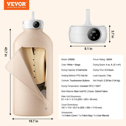 Portable Clothes Dryer, Clothes Dryer with Dryer Bag, PTC Heating & LED Display, Foldable Mini Dryer with 5-H Timer for Apartments, Dorms, RVs, or Hotels, 600W, Beige.