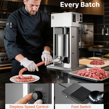 Electric Sausage Stuffer, 22 LBS / 10 L Vertical Meat Stuffer, Stepless Speed Control and Foot Pedal, Stainless Steel Heavy Duty Sausage Filler with 4 Stuffing Tubes, for Commercial & Home Use.