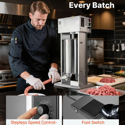 Electric Sausage Stuffer, 33 LBS / 15 L Vertical Meat Stuffer, Stepless Speed Control and Foot Pedal, Stainless Steel Heavy Duty Sausage Filler with 4 Stuffing Tubes, for Commercial & Home Use.